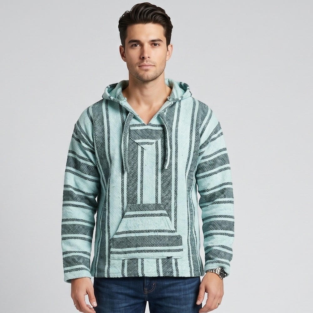Art-Maz Mens Large Mint Green Striped Baja Hoodie Pullover Mexican Poncho Jerga